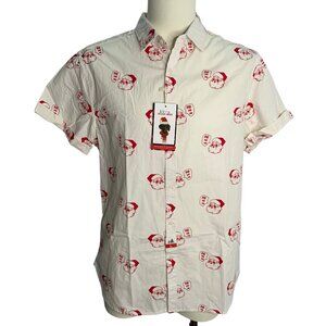 Denim & Flower Holiday Button Up Shirt L White Santas Short Sleeve Christmas NEW